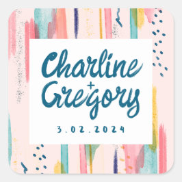 Wasserfarbene Abstrakte Pinselstriche Hochzeiten Quadratischer Aufkleber