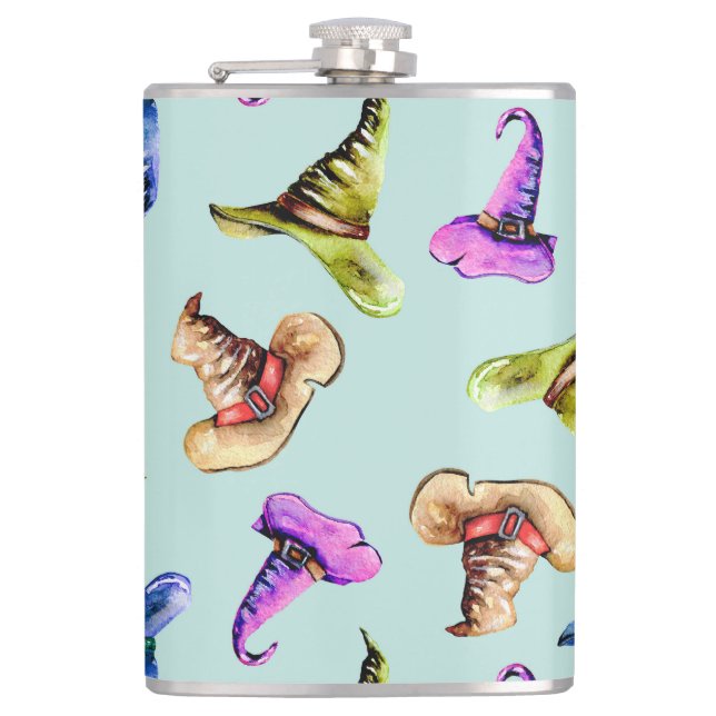 Wasserfarbene alte Hüte: blauer Hintergrund. Flachmann (Vorderseite)