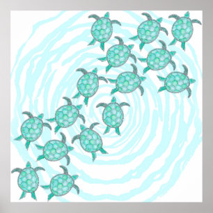 Wasserfarbene Aquamarine Meeresschildkröten auf Wi Poster