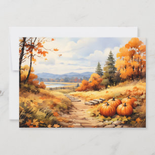Wasserfarbene Autumn Road Pumpkin Fallende Blätter Feiertagskarte