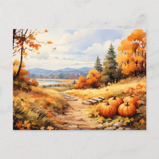 Wasserfarbene Autumn Road Pumpkin Fallende Blätter Feiertagspostkarte