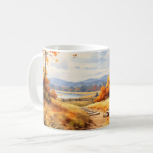 Wasserfarbene Autumn Road Pumpkin Fallende Blätter Kaffeetasse