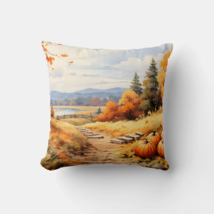 Wasserfarbene Autumn Road Pumpkin Fallende Blätter Kissen
