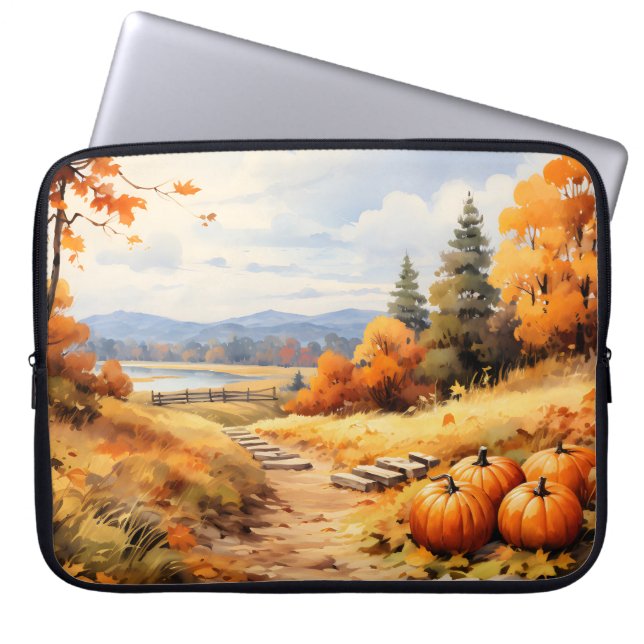 Wasserfarbene Autumn Road Pumpkin Fallende Blätter Laptopschutzhülle (Vorderseite)