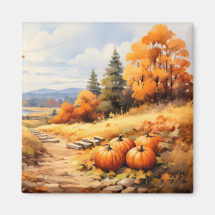 Wasserfarbene Autumn Road Pumpkin Fallende Blätter Magnet