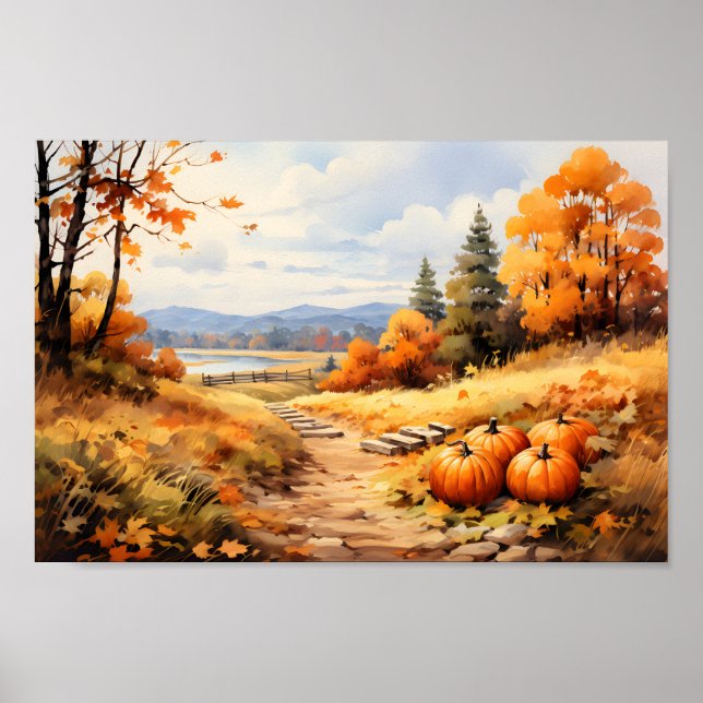 Wasserfarbene Autumn Road Pumpkin Fallende Blätter Poster (Vorne)