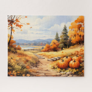 Wasserfarbene Autumn Road Pumpkin Fallende Blätter Puzzle