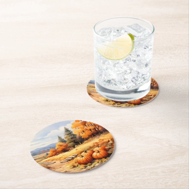 Wasserfarbene Autumn Road Pumpkin Fallende Blätter Runder Pappuntersetzer (Vor Ort)