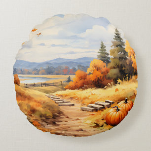 Wasserfarbene Autumn Road Pumpkin Fallende Blätter Rundes Kissen