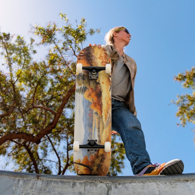 Wasserfarbene Autumn Road Pumpkin Fallende Blätter Skateboard (Außenbereich 1)