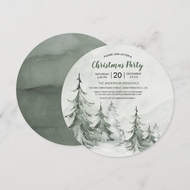 Wasserfarbene Bäume Winter, Weihnachtsfest Party Einladung (Vorne/Hinten)