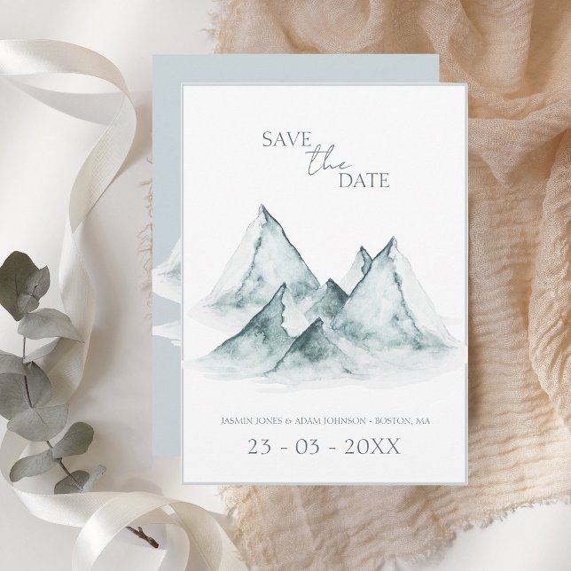 Wasserfarbene Berge Grün- und Weißwinters Hochzeit Save The Date (Von Creator hochgeladen)