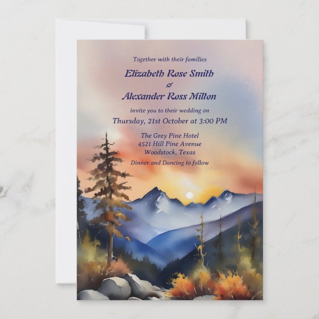 Wasserfarbene Berge Hochzeit Einladung (Vorderseite)