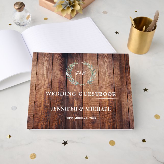 Wasserfarbene Blätter auf rustikalen Stallholz Hoc Gästebuch (Vorderseite Offen)