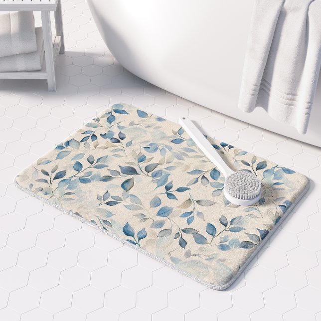 Wasserfarbene Blätter Muster Blau Beige Creme Badematte (Von Creator hochgeladen)