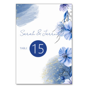 Wasserfarbene blaue Blumen Hochzeit Tischnummer