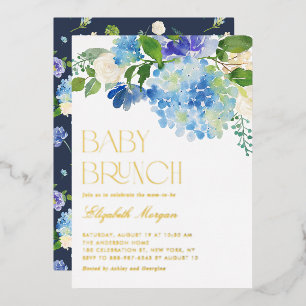 Wasserfarbene blaue Hortensien-Baby-Shower-Brunch Folieneinladung