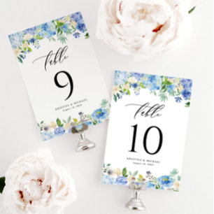 Wasserfarbene Blaue Hortensien- und Rosenhochzeit Tischnummer