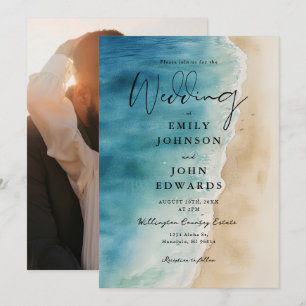 Wasserfarbene Blaue Ozeanstrand-Sand-Foto-Hochzeit Einladung