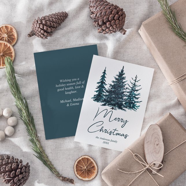 Wasserfarbene blaue Pinienbäume Frohe Weihnachten (Von Creator hochgeladen)