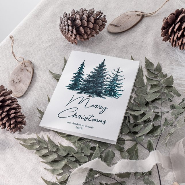 Wasserfarbene blaue Pinienbäume Frohe Weihnachten (Von Creator hochgeladen)