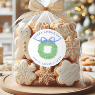 Wasserfarbene Blaue Schleifen-Kranz-Geschenk Runder Aufkleber