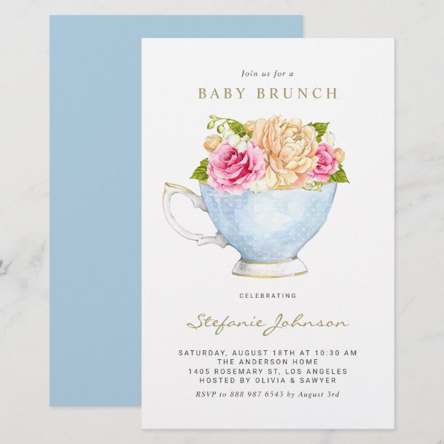 Wasserfarbene Blume für Teacup Baby Brunch Einladu (Vorne/Hinten)