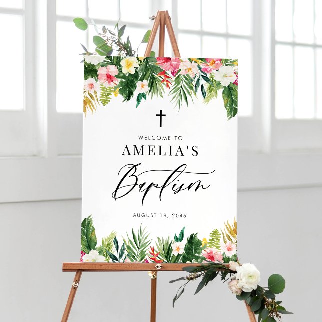 Wasserfarbene Blume Garland Tropische Taufe Poster (Watercolor Flowers Garland Tropical Baptism Welcome Sign)