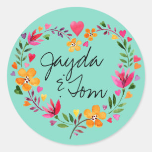 Wasserfarbene Blume Herzkranz   ÄNDERN DER FARBE Runder Aufkleber