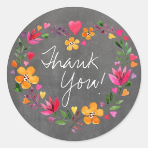 Wasserfarbene Blume Herzkranz   Kalkboard grau Runder Aufkleber