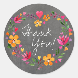 Wasserfarbene Blume Herzkranz | Kalkboard grau Runder Aufkleber