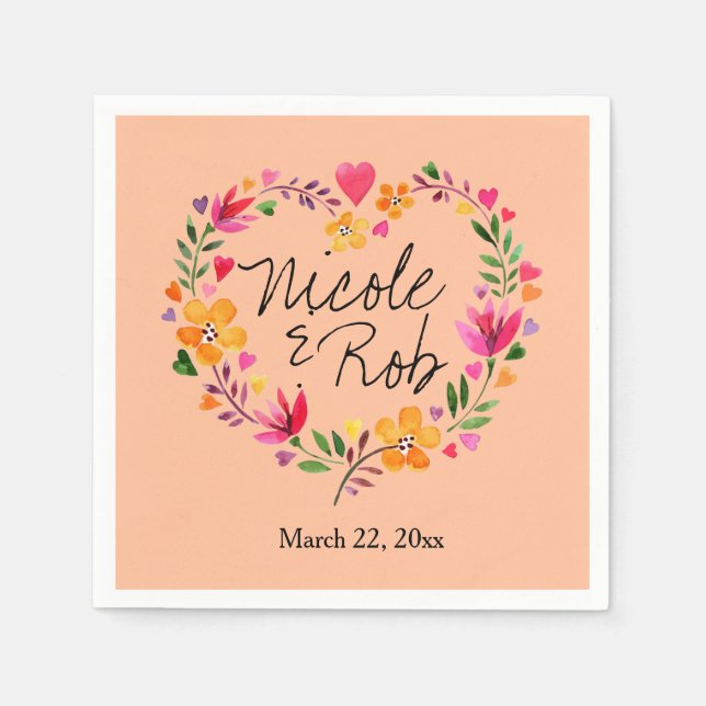 Wasserfarbene Blume Herzkranzhochzeit | Pfirsich Serviette (Vorderseite)