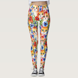 Wasserfarbene Blume und Katzen Leggings