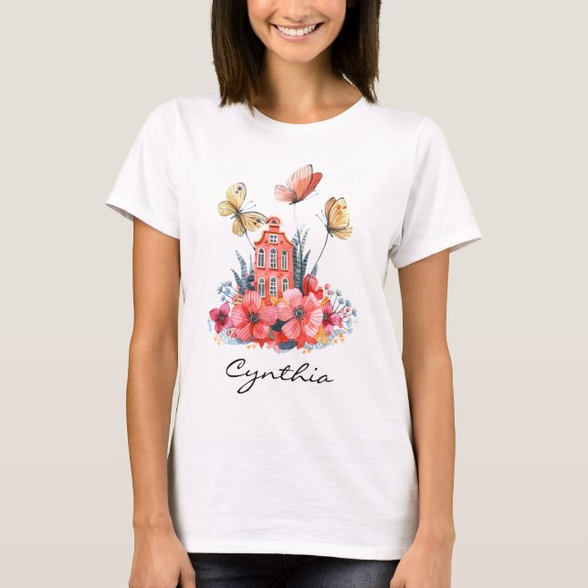 Wasserfarbene Blume und Schmetterlinge im Märchenh T-Shirt (Vorderseite)