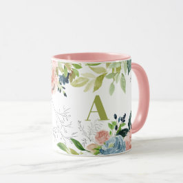 Wasserfarbene Blumen elegant grün mit Monogramm Tasse
