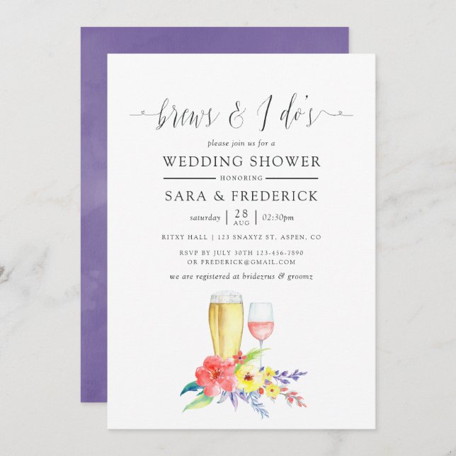 Wasserfarbene Blumenbrauen vor dem I Dos Einladung (Vorne/Hinten)