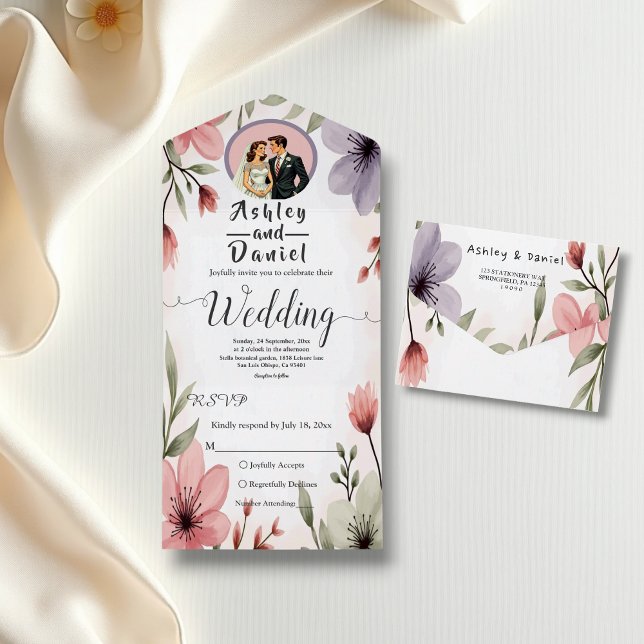 Wasserfarbene Blumenbrille und Groom Romantische H All In One Einladung (Von Creator hochgeladen)