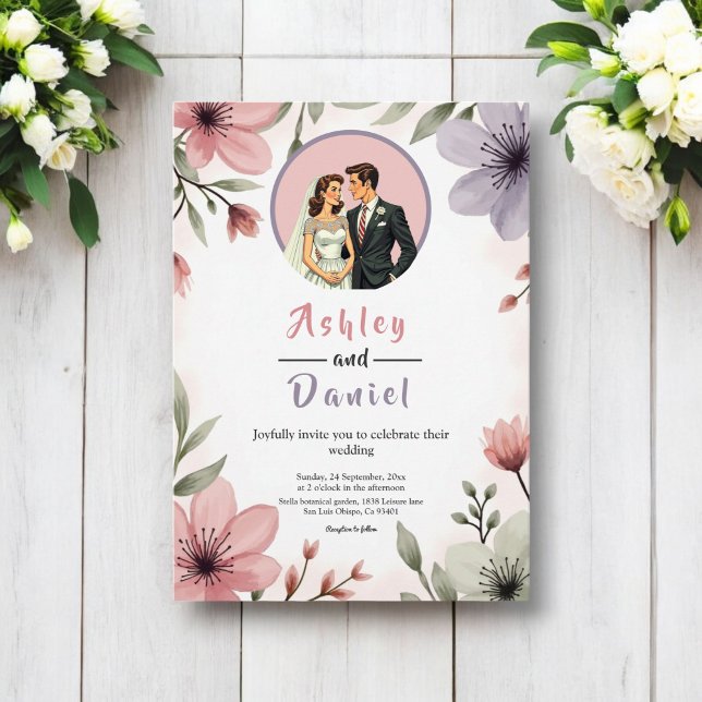 Wasserfarbene Blumenbrille und Groom Romantische H Einladung (Von Creator hochgeladen)