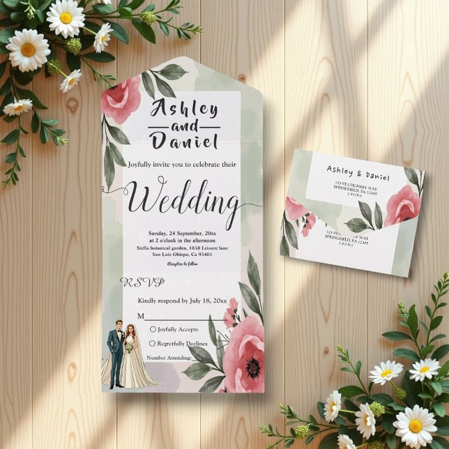 Wasserfarbene Blumenromantik Sommerhochzeit All In One Einladung (Von Creator hochgeladen)