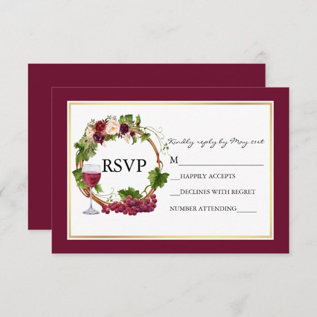 Wasserfarbene Blumentrauben Wreath Burgund Hochzei RSVP Karte (Vorne/Hinten)