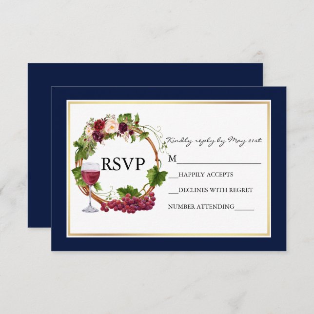 Wasserfarbene Blumentrauben Wreath Wedding Blue RSVP Karte (Vorne/Hinten)