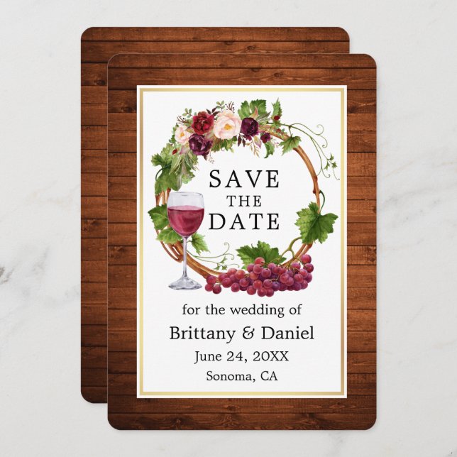 Wasserfarbene Blumentrauben Wreath Wood Save The Date (Vorne/Hinten)