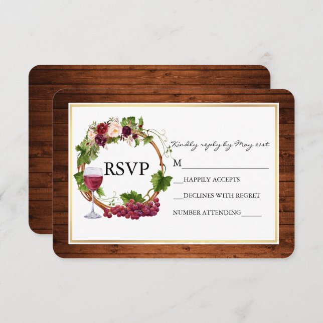 Wasserfarbene Blumentrauben Wreath Wood Wedding RSVP Karte (Vorne/Hinten)