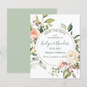 Wasserfarbene Blüten, Blattwerk Save the Date Einladung
