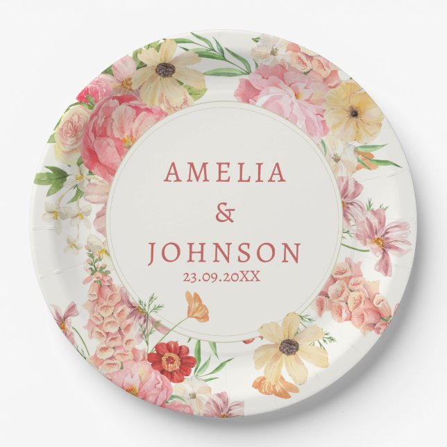 Wasserfarbene Blütencreme Name des Ehepaares Pappteller (Vorderseite)