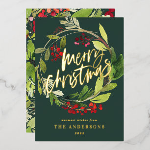 Wasserfarbene botanische grüne Weihnachtsgirlande Folien Feiertagskarte