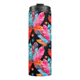 Wasserfarbene bunte Federn Muster Thermosbecher