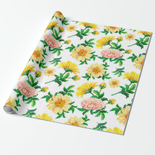 Wasserfarbene Chrysanthemen. Gelbe Blumen mit Gras Geschenkpapier