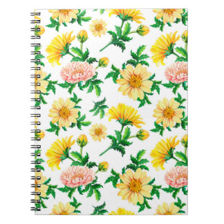 Wasserfarbene Chrysanthemen. Gelbe Blumen mit Gras Notizblock