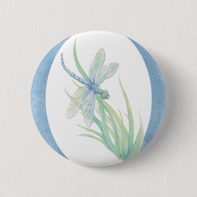 Wasserfarbene Dragonfly in Blue & Green Nature Art Button (Vorderseite)